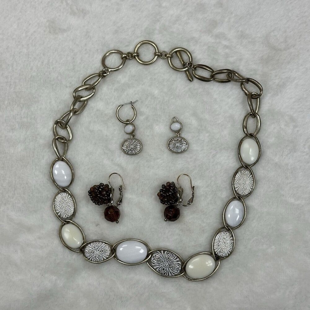 Vtg AVON SP Blue Green SilverTone Lucite Cabochon Necklace & Earring Set Sparkle